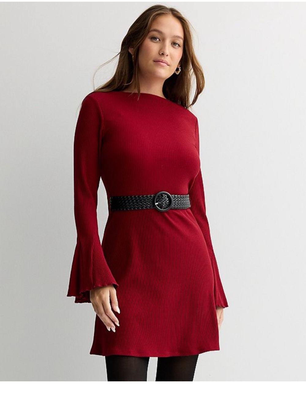 Mary & Mo Ribbed Burgundy Mini Dress with Bell Sleeves